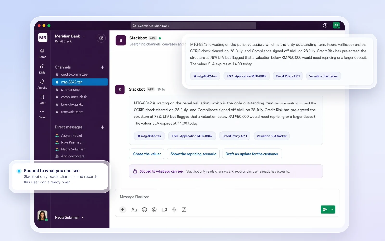 Slackbot answering where an application is stuck, with sources and follow-up actions